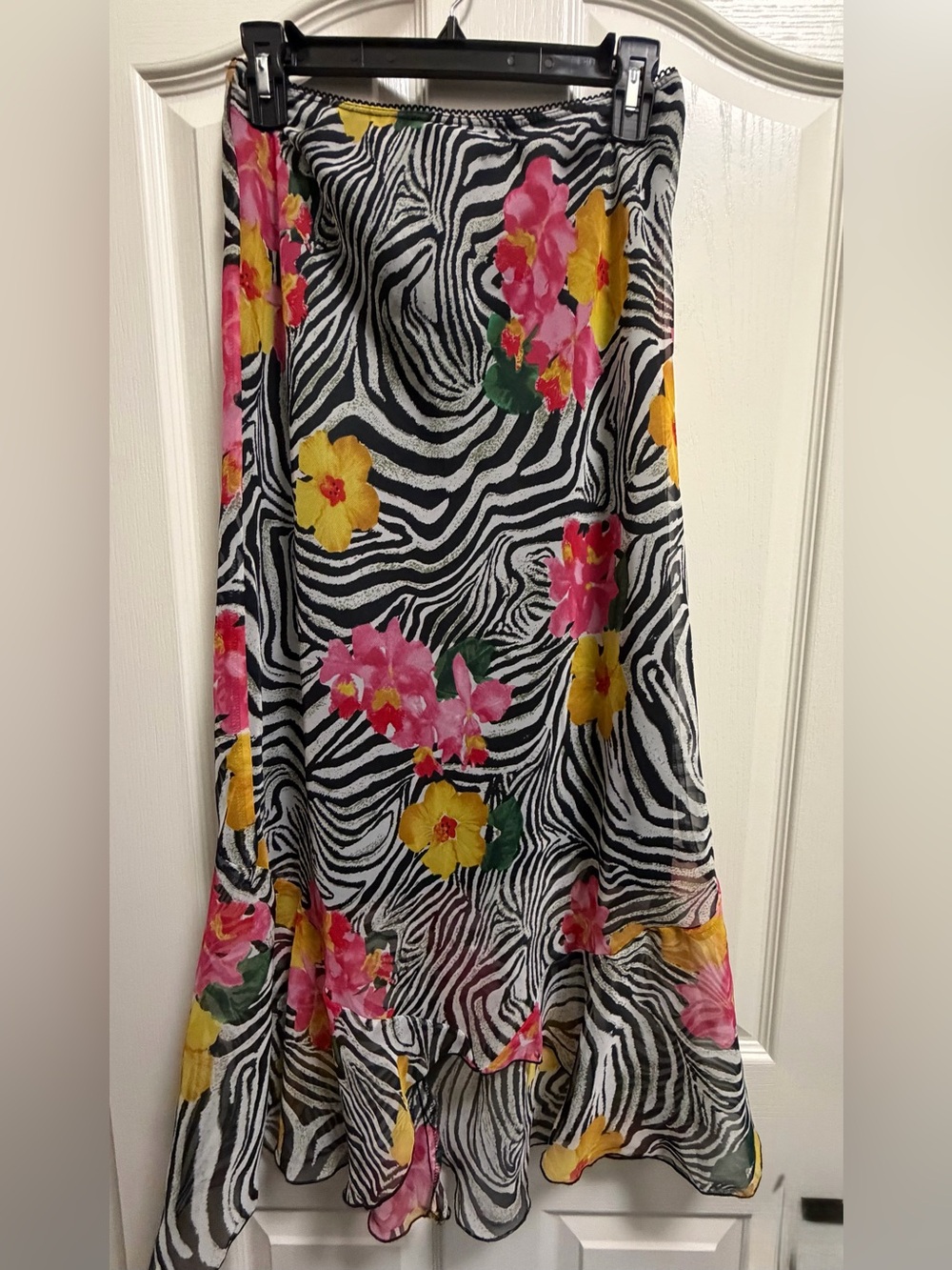 Vintage La Belle Zebra Floral Midi Skirt Size 11 Y2K Sheer Ruffle Made USA